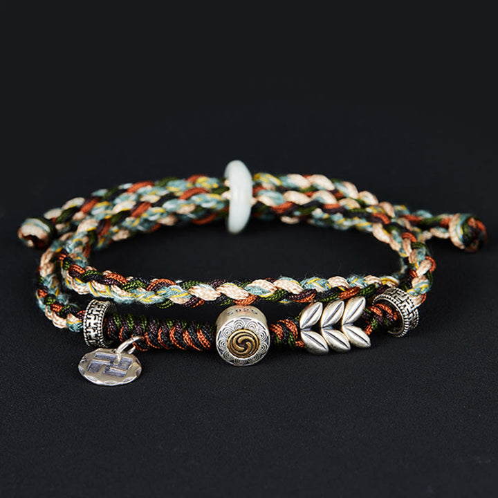 Braccialetto portafortuna fatto a mano con motivo a grano con svastica in argento sterling 925 Buddha Stones