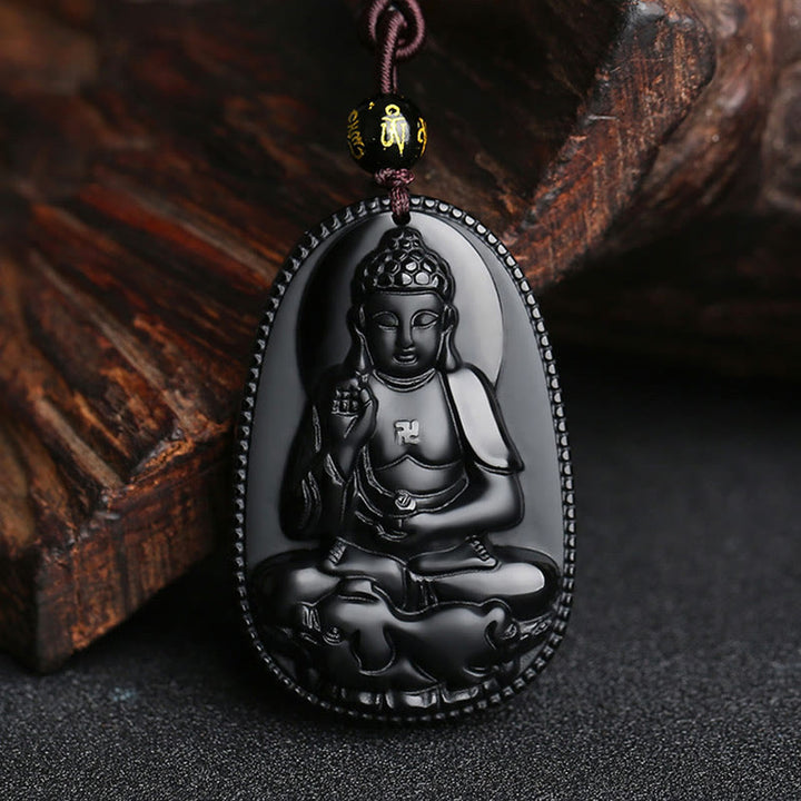 Buddha Stones Zodiaco cinese Buddha natale Ossidiana nera naturale Collana pendente di purificazione