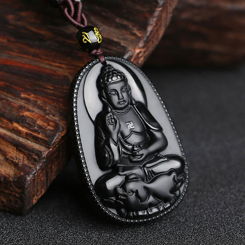 Buddha Stones Zodiaco cinese Buddha natale Ossidiana nera naturale Collana pendente di purificazione