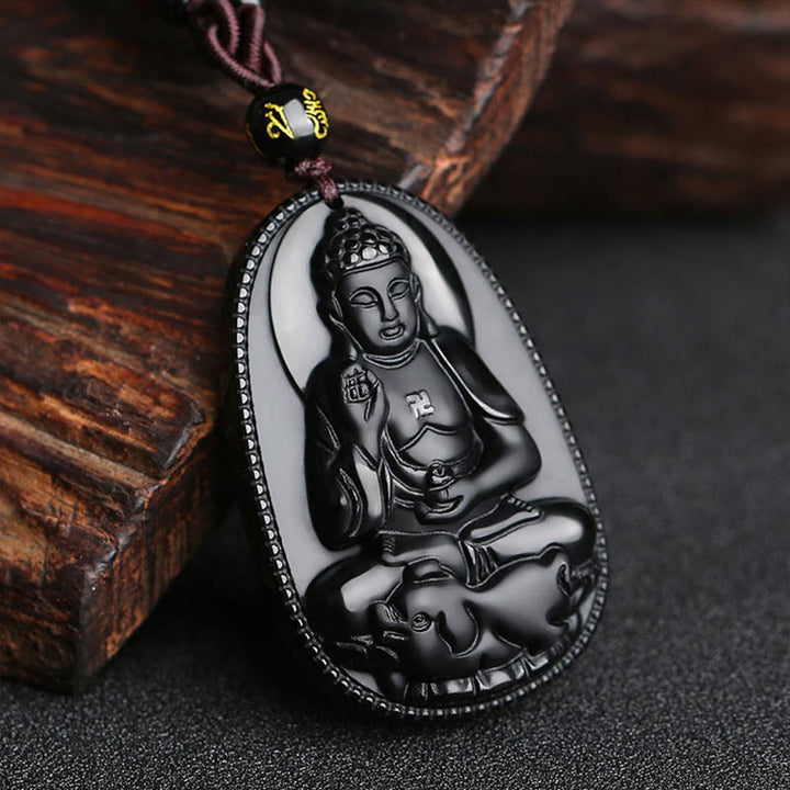 Buddha Stones Zodiaco cinese Buddha natale Ossidiana nera naturale Collana pendente di purificazione