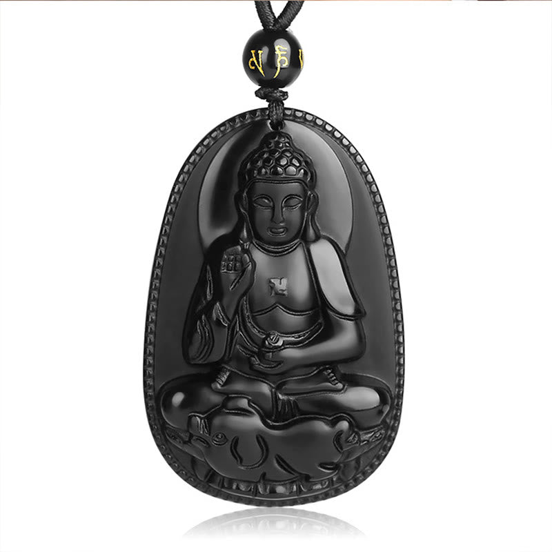 Buddha Stones Zodiaco cinese Buddha natale Ossidiana nera naturale Collana pendente di purificazione