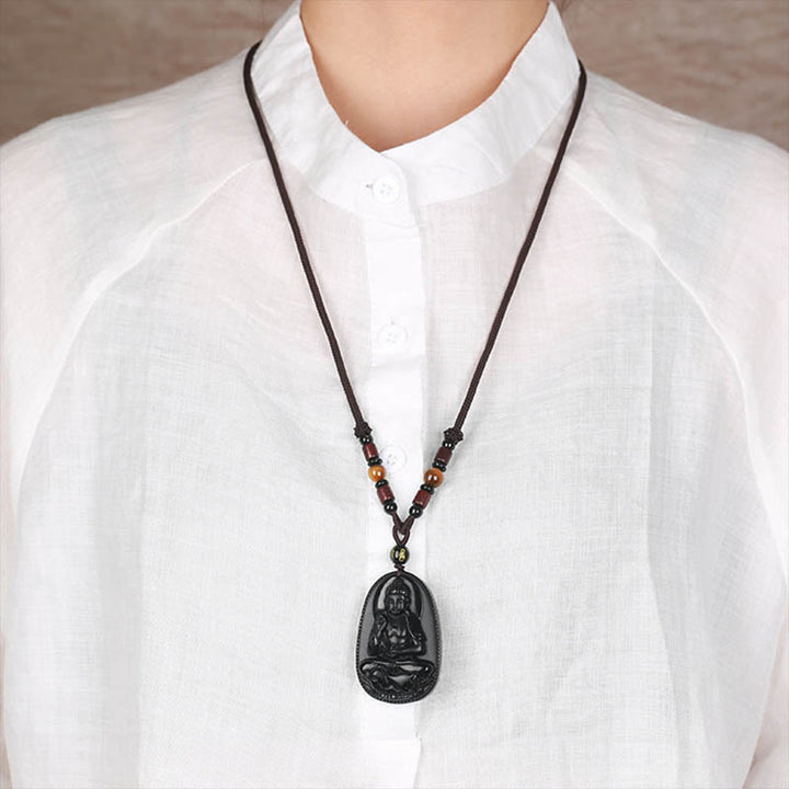 Buddha Stones Zodiaco cinese Buddha natale Ossidiana nera naturale Collana pendente di purificazione