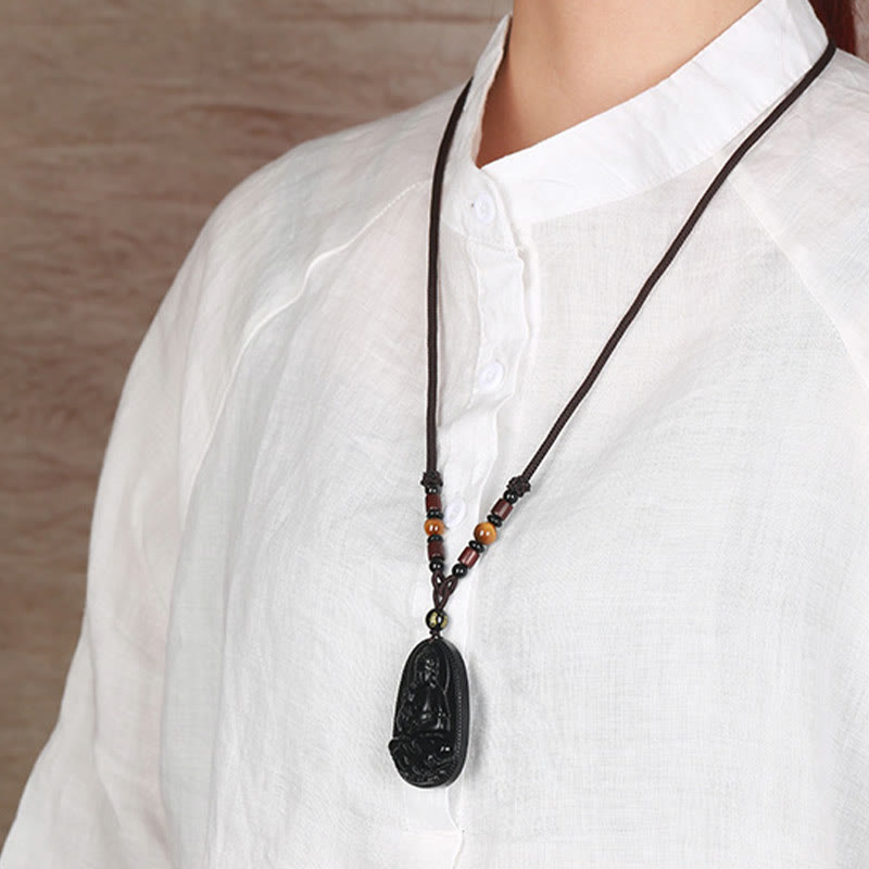 Buddha Stones Zodiaco cinese Buddha natale Ossidiana nera naturale Collana pendente di purificazione