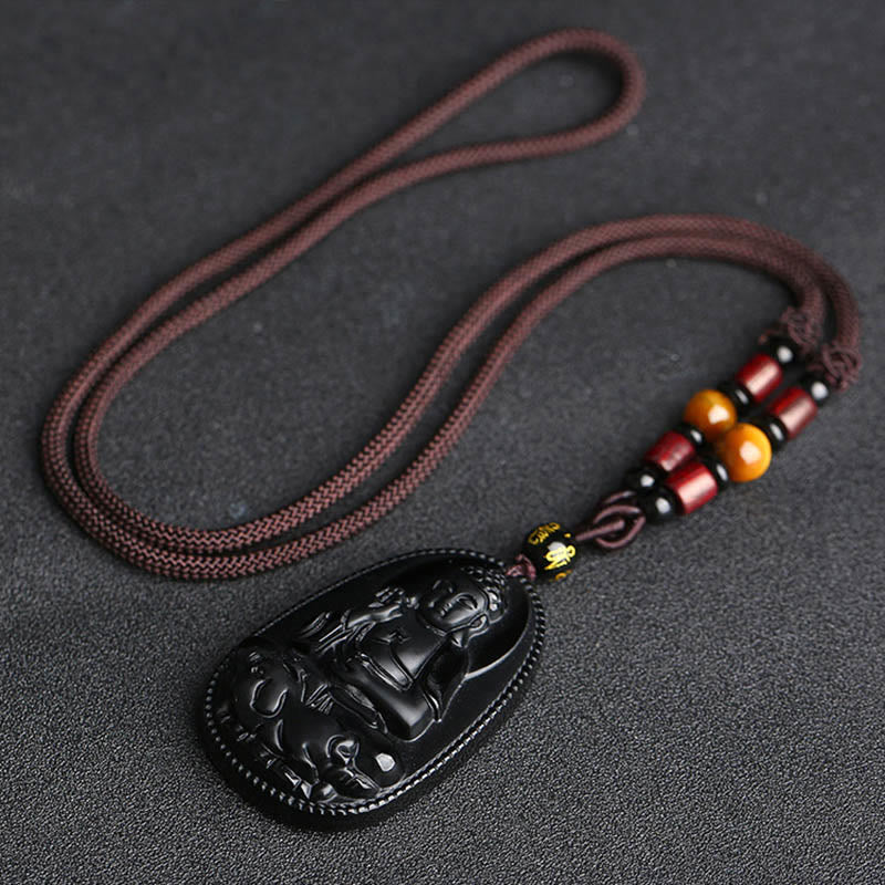 Buddha Stones Zodiaco cinese Buddha natale Ossidiana nera naturale Collana pendente di purificazione