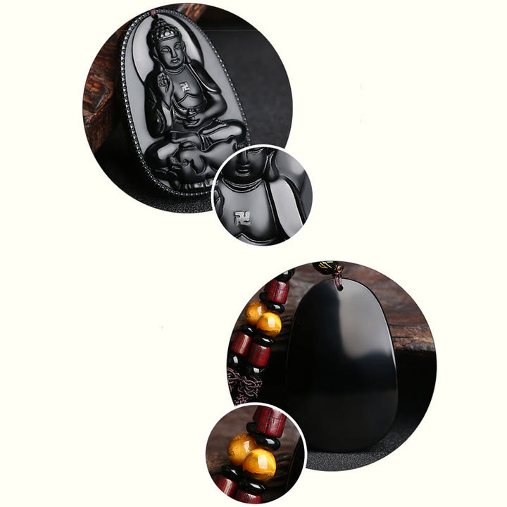 Buddha Stones Zodiaco cinese Buddha natale Ossidiana nera naturale Collana pendente di purificazione