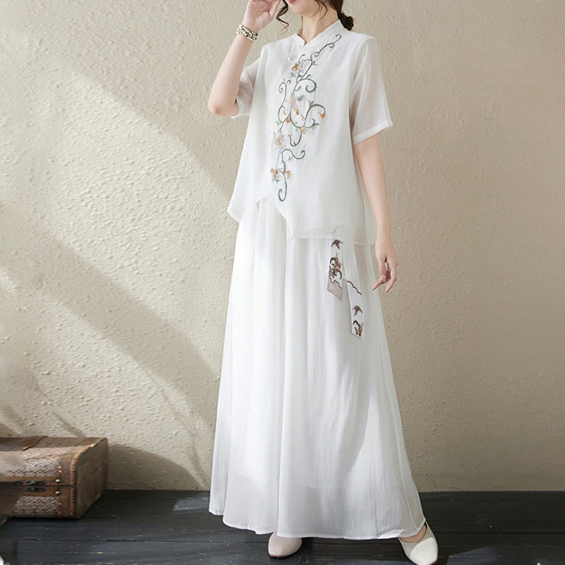 Set di 2 magliette a maniche corte con ricamo floreale Buddha Stones , pantaloni a gamba larga