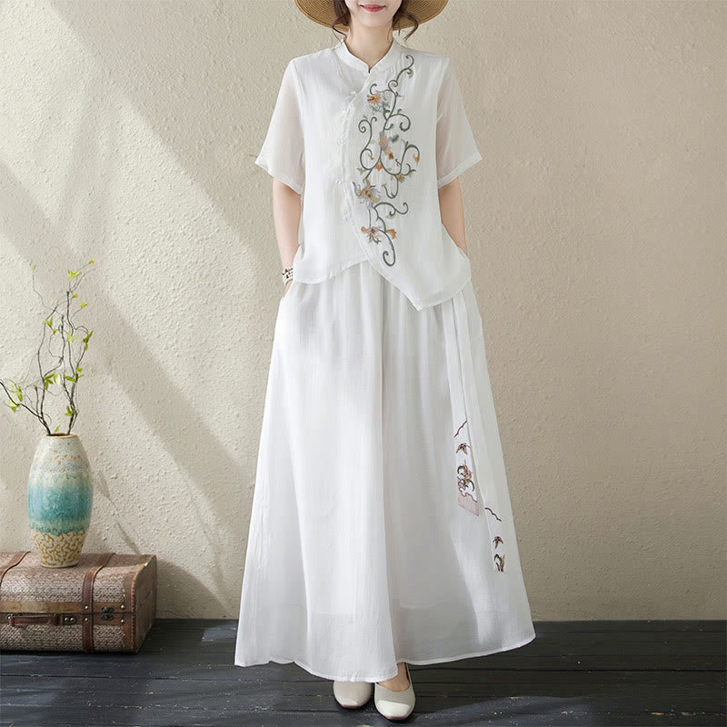 Set di 2 magliette a maniche corte con ricamo floreale Buddha Stones , pantaloni a gamba larga