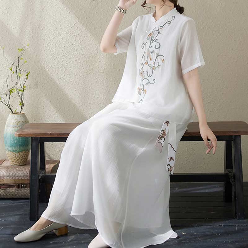 Set di 2 magliette a maniche corte con ricamo floreale Buddha Stones , pantaloni a gamba larga