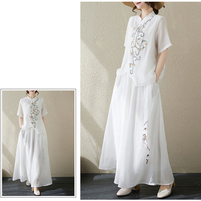 Set di 2 magliette a maniche corte con ricamo floreale Buddha Stones , pantaloni a gamba larga