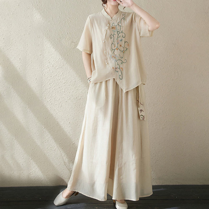 Set di 2 magliette a maniche corte con ricamo floreale Buddha Stones , pantaloni a gamba larga