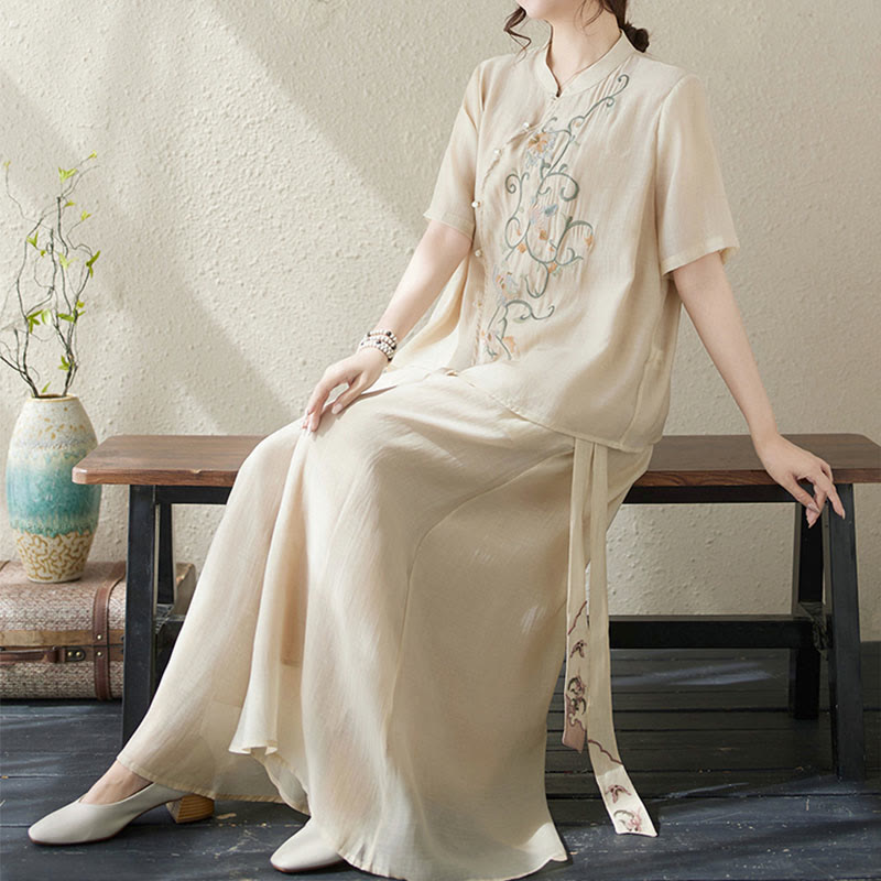Set di 2 magliette a maniche corte con ricamo floreale Buddha Stones , pantaloni a gamba larga