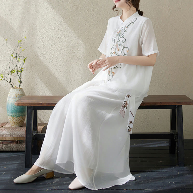 Set di 2 magliette a maniche corte con ricamo floreale Buddha Stones , pantaloni a gamba larga