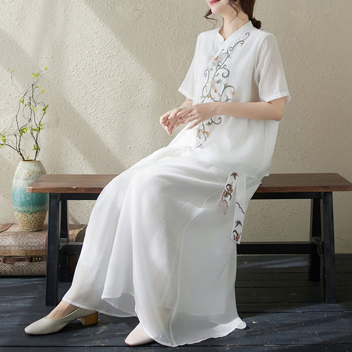 Set di 2 magliette a maniche corte con ricamo floreale Buddha Stones , pantaloni a gamba larga