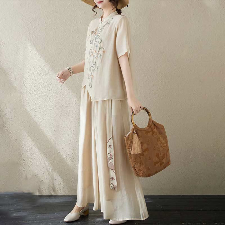 Set di 2 magliette a maniche corte con ricamo floreale Buddha Stones , pantaloni a gamba larga