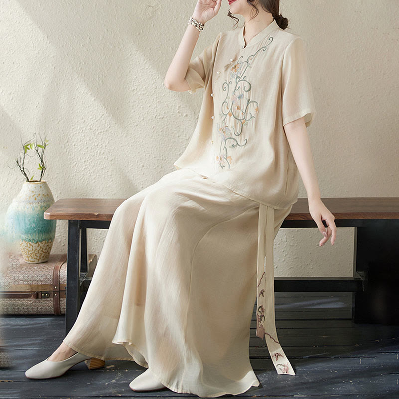 Set di 2 magliette a maniche corte con ricamo floreale Buddha Stones , pantaloni a gamba larga