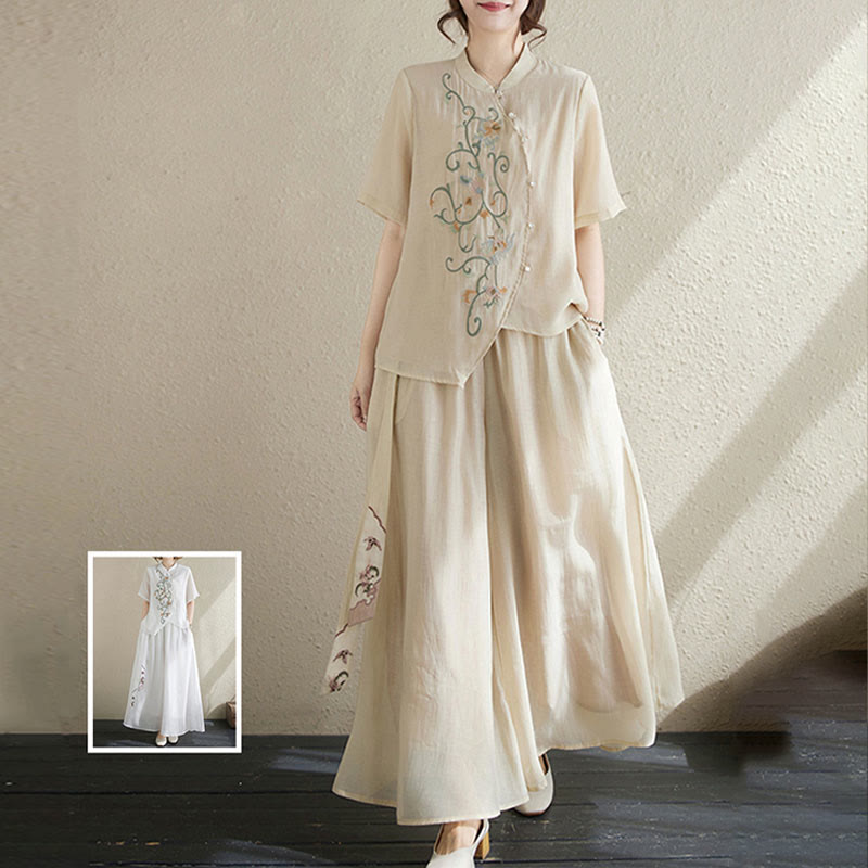 Set di 2 magliette a maniche corte con ricamo floreale Buddha Stones , pantaloni a gamba larga