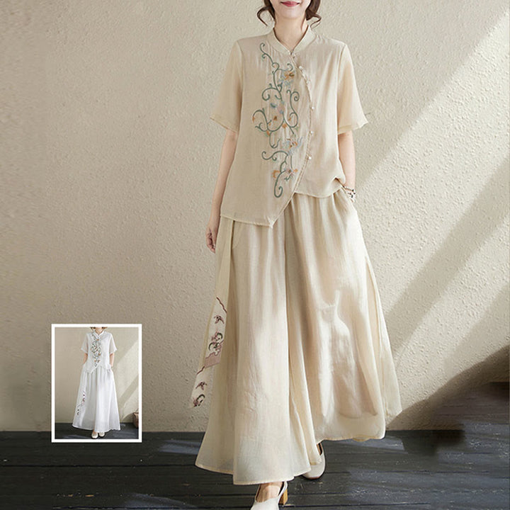 Set di 2 magliette a maniche corte con ricamo floreale Buddha Stones , pantaloni a gamba larga