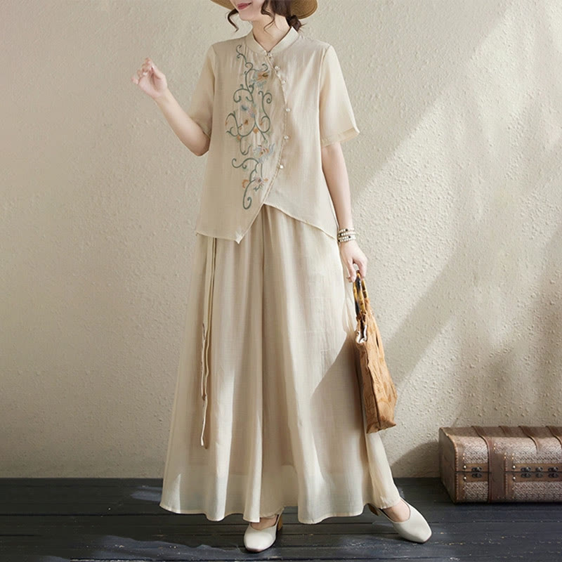Set di 2 magliette a maniche corte con ricamo floreale Buddha Stones , pantaloni a gamba larga