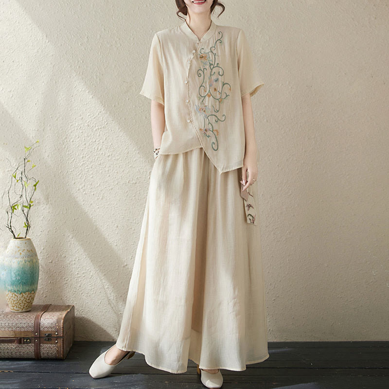 Set di 2 magliette a maniche corte con ricamo floreale Buddha Stones , pantaloni a gamba larga