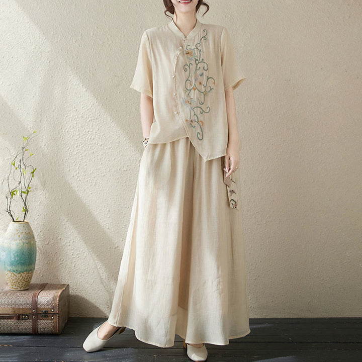 Set di 2 magliette a maniche corte con ricamo floreale Buddha Stones , pantaloni a gamba larga
