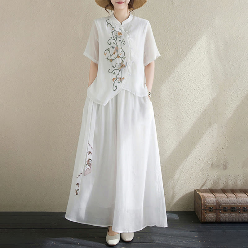 Set di 2 magliette a maniche corte con ricamo floreale Buddha Stones , pantaloni a gamba larga