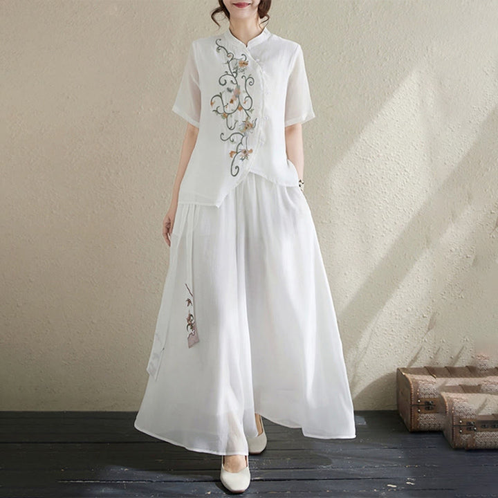 Set di 2 magliette a maniche corte con ricamo floreale Buddha Stones , pantaloni a gamba larga