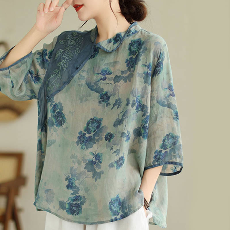 Camicia in lino ramiè con maniche a tre quarti e motivo floreale blu Jacaranda di Buddha Stones, TAGLIA COMODA - image 3