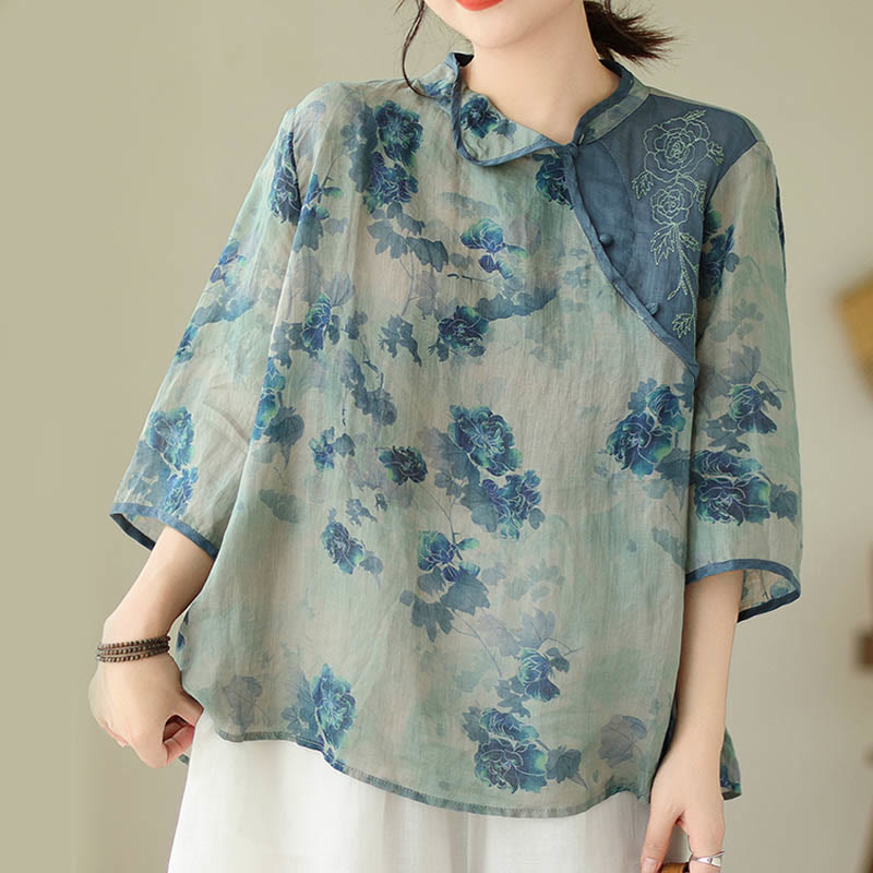 Camicia in lino ramiè con maniche a tre quarti e motivo floreale blu Jacaranda di Buddha Stones, TAGLIA COMODA - image 8