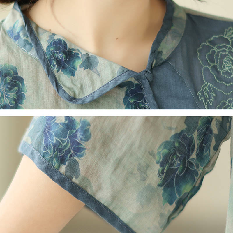 Camicia a maniche a tre quarti con stampa Buddha Stones PLUS SIZE e motivo floreale blu jacaranda. - image 9