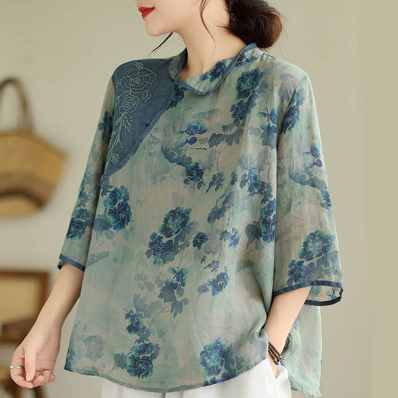 Camicia in lino ramiè con maniche a tre quarti e motivo floreale blu Jacaranda di Buddha Stones, TAGLIA COMODA - image 5