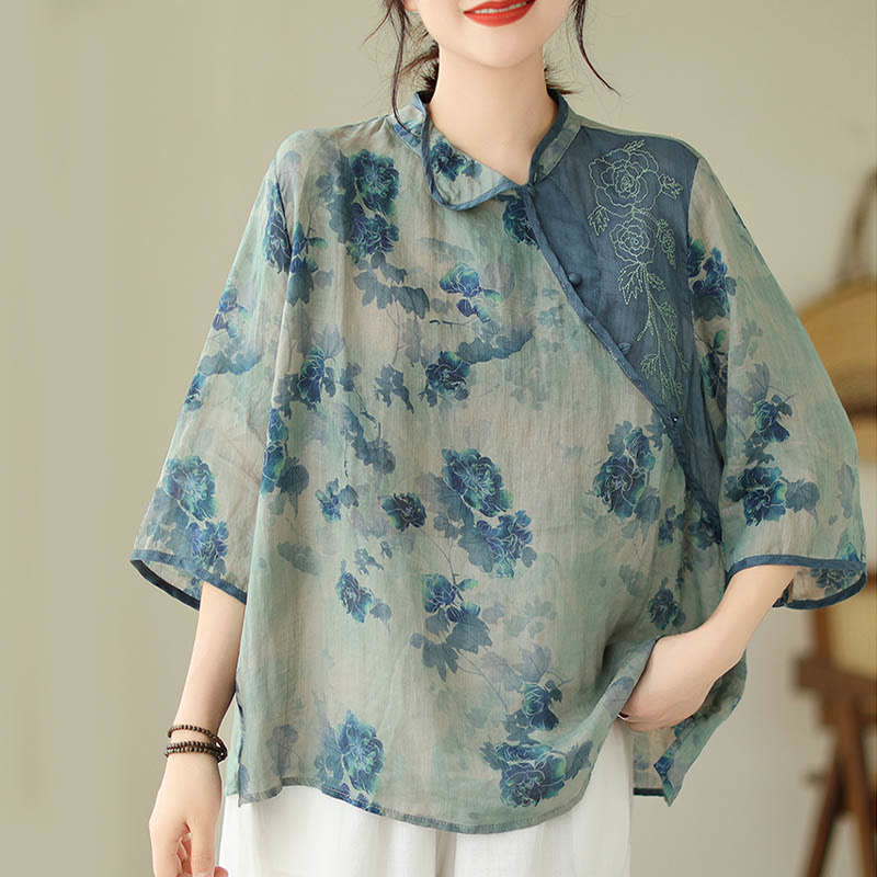 Camicia in lino ramiè con maniche a tre quarti e motivo floreale blu Jacaranda di Buddha Stones, TAGLIA COMODA - image 2