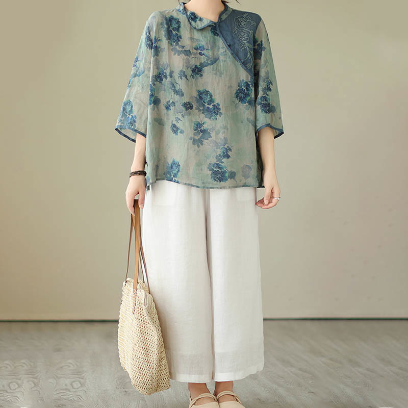 Camicia in lino ramiè con maniche a tre quarti e motivo floreale blu Jacaranda di Buddha Stones, TAGLIA COMODA - image 14