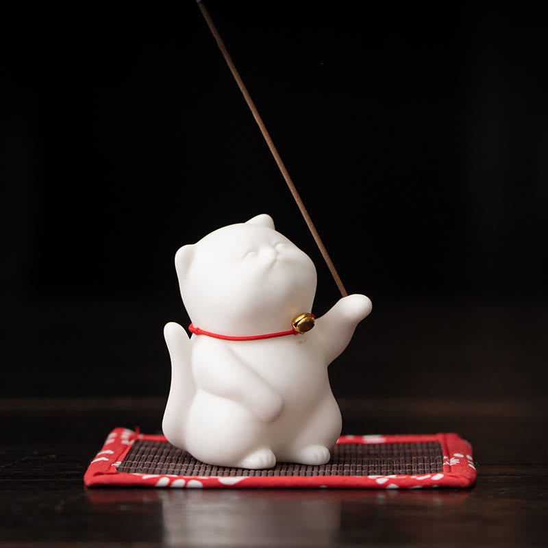 Buddha Stones Mini Carino Gatto Ceramica Guarigione Incenso Bruciatore Decorazione Scrivania