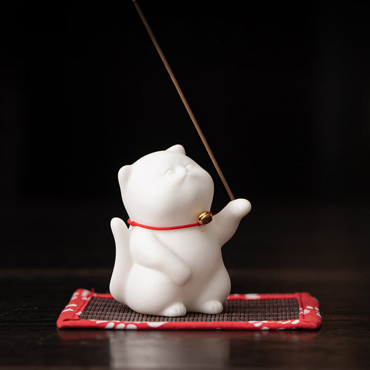 Buddha Stones Mini Carino Gatto Ceramica Guarigione Incenso Bruciatore Decorazione Scrivania