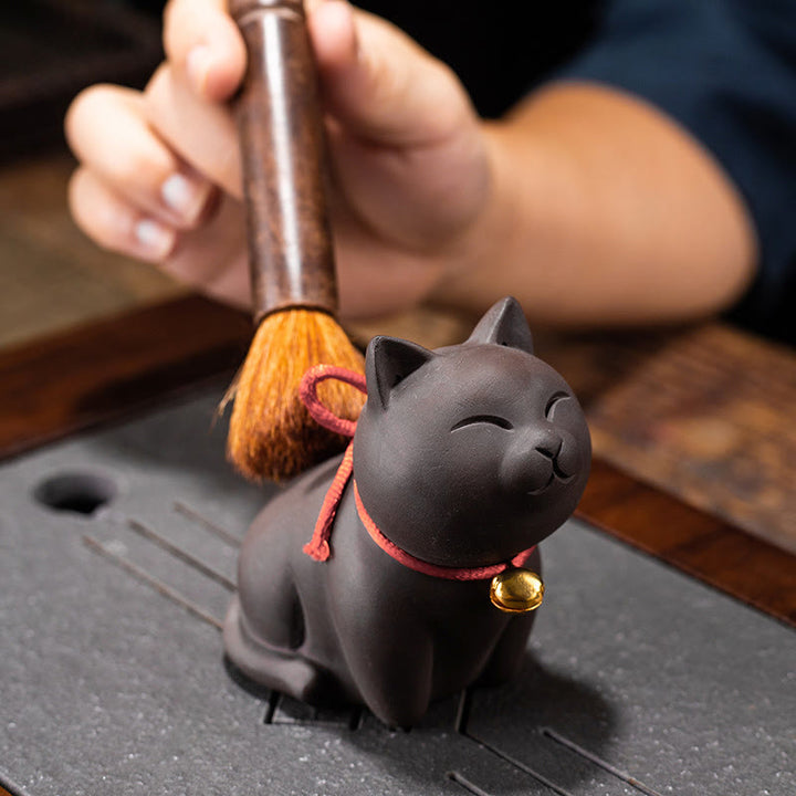 Buddha Stones Mini Lovely Cat Tea Pet Figurina di argilla viola Decorazione da scrivania