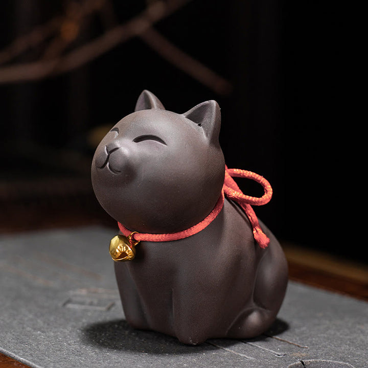 Buddha Stones Mini Lovely Cat Tea Pet Figurina di argilla viola Decorazione da scrivania