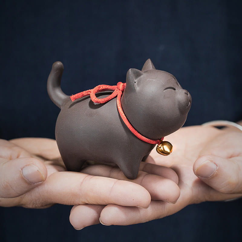 Buddha Stones Mini Lovely Cat Tea Pet Figurina di argilla viola Decorazione da scrivania