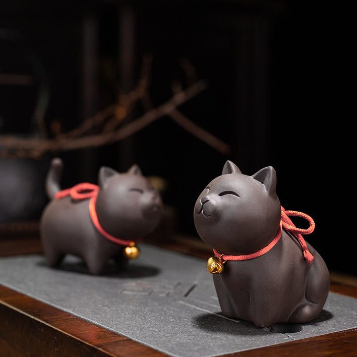 Buddha Stones Mini Lovely Cat Tea Pet Figurina di argilla viola Decorazione da scrivania - image 0