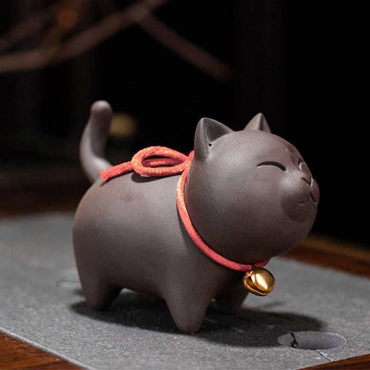 Buddha Stones Mini Lovely Cat Tea Pet Figurina di argilla viola Decorazione da scrivania