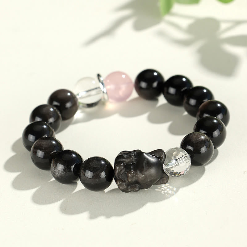 Braccialetto di protezione del pianeta con testa di gatto, volpe, ossidiana naturale e Buddha Stones in argento - Volpe di ossidiana argentata (circonferenza del polso 14-16,5 cm) - image 6