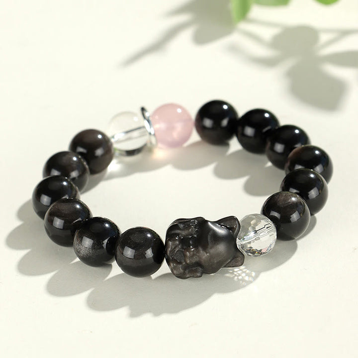 Braccialetto di protezione del pianeta con testa di gatto, volpe, ossidiana naturale e Buddha Stones in argento - Volpe di ossidiana argentata (circonferenza del polso 14-16,5 cm) - image 6