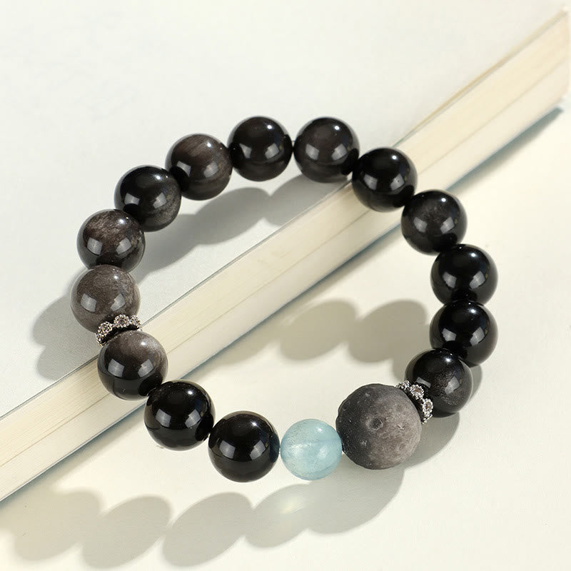 Braccialetto di protezione del pianeta con testa di gatto, volpe, ossidiana naturale e Buddha Stones in argento - image 9