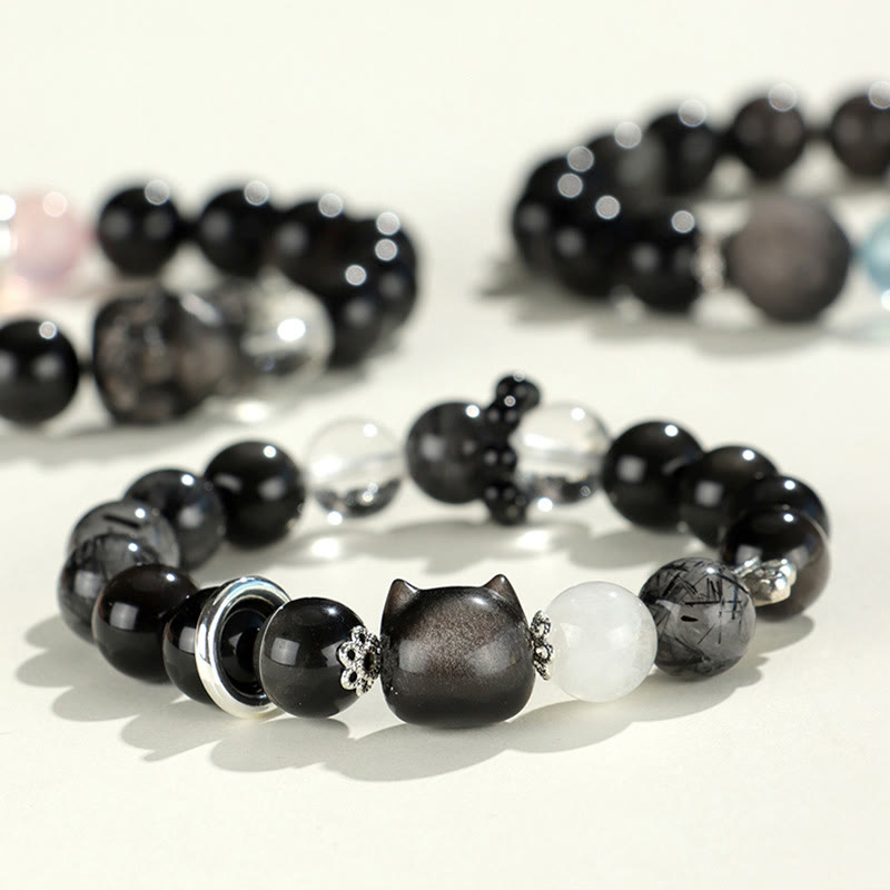 Braccialetto di protezione del pianeta con testa di gatto, volpe, ossidiana naturale e Buddha Stones in argento - image 1