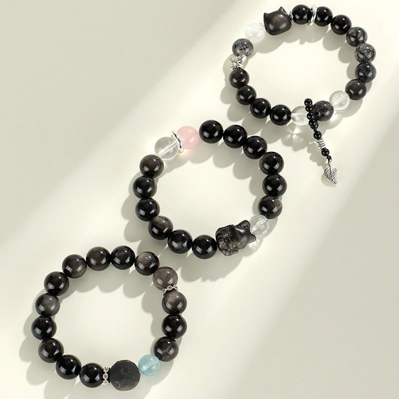 Braccialetto di protezione del pianeta con testa di gatto, volpe, ossidiana naturale e Buddha Stones in argento - image 12