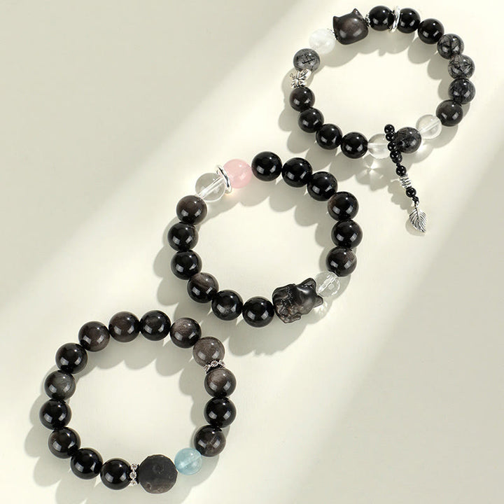 Braccialetto di protezione del pianeta con testa di gatto, volpe, ossidiana naturale e Buddha Stones in argento - image 12