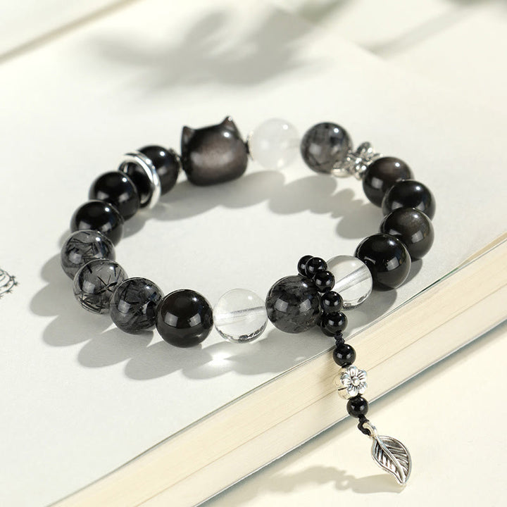 Braccialetto di protezione del pianeta con testa di gatto, volpe, ossidiana naturale e Buddha Stones in argento - image 3