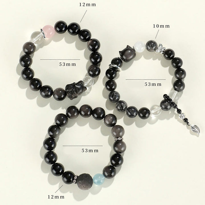 Braccialetto di protezione del pianeta con testa di gatto, volpe, ossidiana naturale e Buddha Stones in argento - image 14
