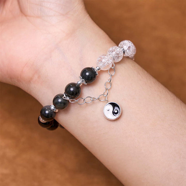 Braccialetto di protezione Yin Yang Lotus in quarzo ialino ossidiana screpolata lucida argento Buddha Stones