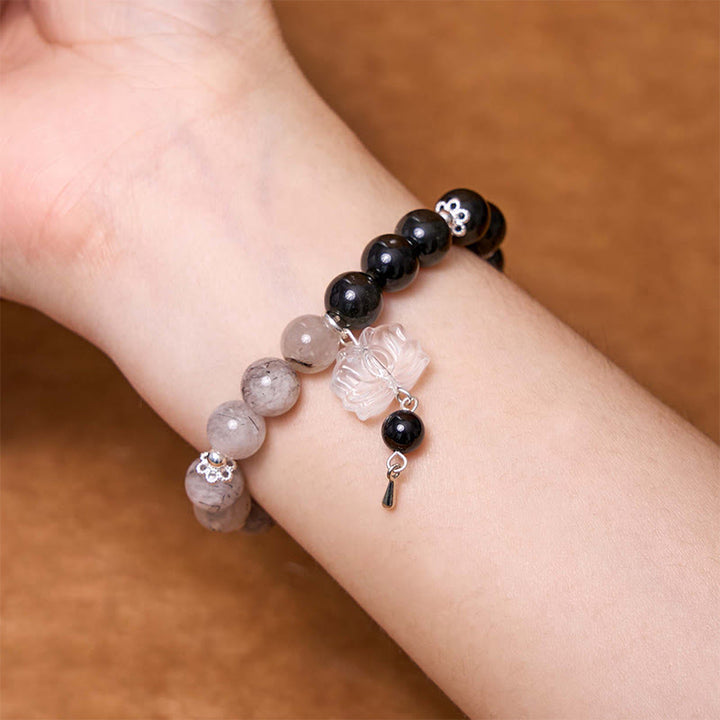 Braccialetto di protezione Yin Yang Lotus in quarzo ialino ossidiana screpolata lucida argento Buddha Stones