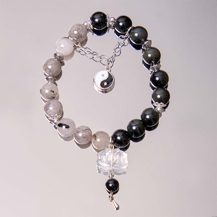 Braccialetto di protezione Yin Yang Lotus in quarzo ialino ossidiana screpolata lucida argento Buddha Stones